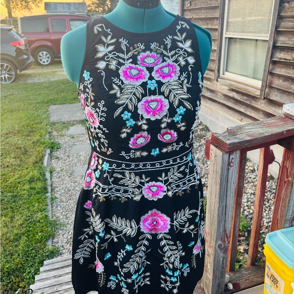 Gianni Bini Black Mini Dress with Pink and Blue Floral Design